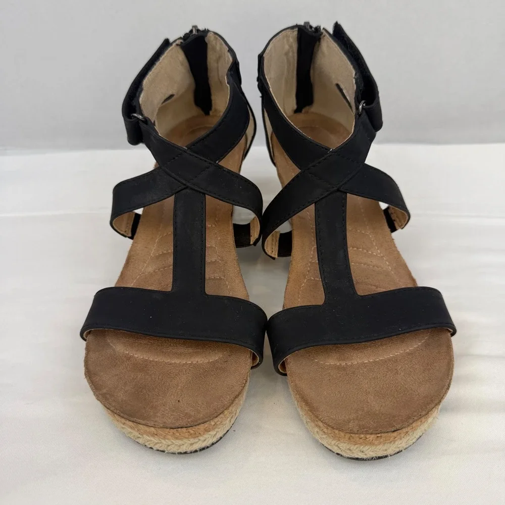 Adrienne Vittadini Thurston Black Strappy Espadrille Wedge Sandals Womens 7.5M